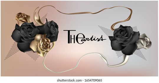 Elegant banner with gold and black rose flowers with a frame from gold branches. Vector illustration