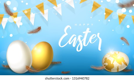 Elegant banner for Happy Easter. Beautiful background with realistic white and gold Easter eggs, garlands and chicken feathers. Holiday vector illustration.