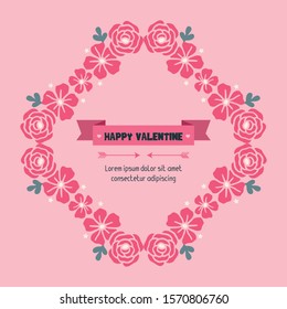Elegant banner lettering of valentine day, with decorative beauty of pink flower frame. Vector