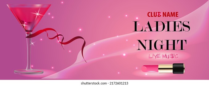 Elegant banner template for ladies night out with cocktail and lipstick
