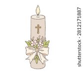 Elegant baptism candle hand drawn vector illustration with cross, flowers and ribbon. Symbol of Christian faith, purity, blessing and religious celebrations, perfect for baptism, communion and church events.