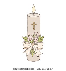 Elegant baptism candle hand drawn vector illustration with cross, flowers and ribbon. Symbol of Christian faith, purity, blessing and religious celebrations, perfect for baptism, communion and church events.