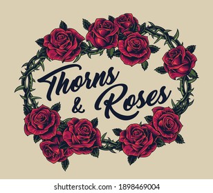 Elegant barbed wire wreath colorful concept with leaves red roses and sharp thorns in vintage style isolated vector illustration