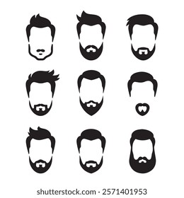 Elegant barber icon illustrations with handsome male portraits showcasing curly hairstyles retro beards and vintage mustache styles perfect for trendy designs