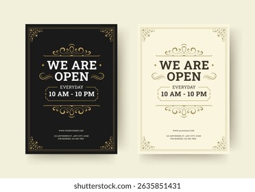 Elegant barbershop announcement flyer with decorative frame, bold typography, and vintage styling to inform about working hours. Perfect for promotion and branding. Vector illustration