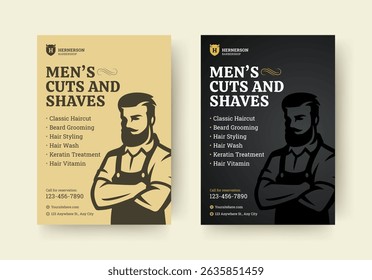 Elegant barbershop flyer with vintage-inspired layout, classic male figure, detailed haircut service list, retro typography and contact information for stylish promotion. Vector illustration