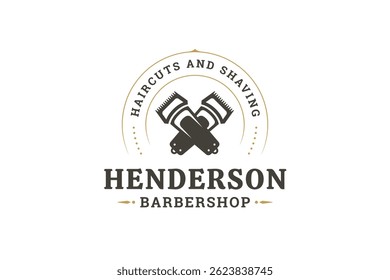 Elegante logotipo da barbearia com tesoura cruzada e pente, rodeado por um emblema circular com texto. Projeto retro em cores pretas e douradas, adequado para serviços de limpeza. Ilustração vetorial
