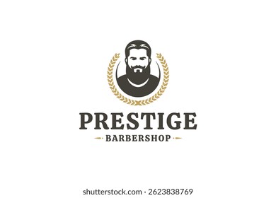 Elegant barbershop logo featuring a gentlemans portrait surrounded by a laurel wreath. Retro and vintage style, perfect for branding. Vector illustration