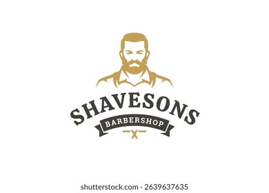 Elegant barbershop logo featuring a male portrait with beard and mustache, styled in a vintage retro fashion. Ideal for grooming services and business branding. Vector illustration