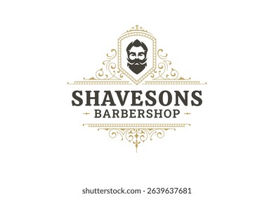 Elegant barbershop logo featuring a male portrait with beard, surrounded by intricate ornamental patterns. Perfect for vintage-style branding. Vector illustration