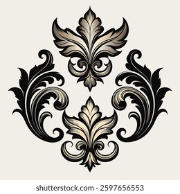 "Elegant Baroque Acanthus Flourishes Vector Set", "Elegant Baroque Acanthus Flourishes Vector Set", elegant ornamental flourishes with intricate acanthus leaf motifs, inspired by vintage baroque