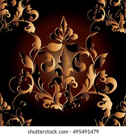 Elegant baroque damask dark floral vector seamless pattern background wallpaper illustration with 3d gold flowers,leaves and ornaments in Victorian style.