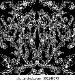 Elegant baroque damask floral black vector seamless pattern wallpaper illustration with vintage antique decorative white 3d baroque flowers leaves and ornaments.