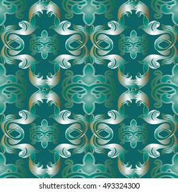 Elegant baroque damask floral light green vector seamless pattern background wallpaper illustration with antique vintage baroque flowers and ornaments.3d decor elements with shadows and highlights.