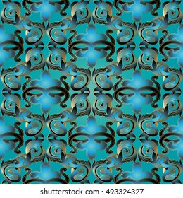 Elegant baroque damask floral light blue vector seamless pattern background wallpaper illustration with antique vintage baroque flowers and ornaments.3d decor elements with shadows and highlights.