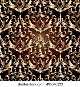Elegant baroque damask floral vector seamless pattern background wallpaper illustration with 3d gold flowers,leaves and ornaments in Victorian style.