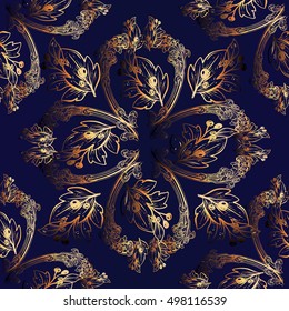 Elegant  baroque damask floral vector seamless pattern background wallpaper illustration with 3d antique flowers,leaves and ornaments.Decor elements with shadows  and highlights.Endless texture