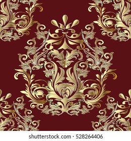 Elegant baroque damask vintage vector seamless pattern background illustration.with antique floral medieval  gold 3d flowers and baroque ornaments. Luxury wallpaper pattern.. 