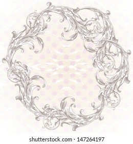 Elegant Baroque Ornate Curves Engraving Frame. Vector Background -- Round Frame And Polka Dots Pattern.