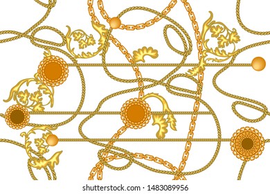 Elegant baroque print with cords and chains. Seamless pattern with jewelry elements. On white background.