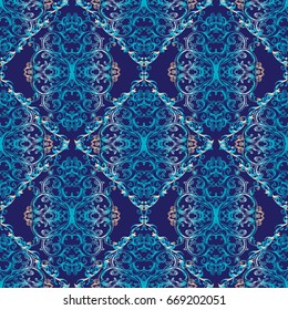 Elegant Baroque seamless pattern. Blue floral damask background wallpaper illustration with vintage flowers, frames, scroll swirl curve leaves and antique baroque ornament. Vector rich pattern texture
