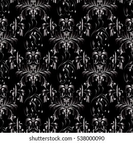 Elegant baroque seamless pattern.Black  background wallpaper illustration with vintage decorative silver damask 3d flowers,leaves and ornaments.Vector endless rich fabric texture with shadows.