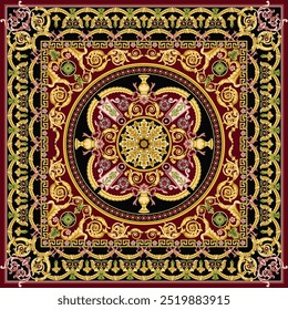 Elegante Vector de inspiración barroca con intrincados pergaminos dorados, motivos florales y detalles ornamentados en rojo, negro, verde y rosa. Ideal para textiles de lujo, Fondo de pantalla y diseños de alfombras clásicas.