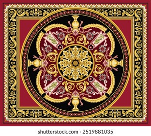 Eleganter, vom Barock inspirierter Vektor mit goldenen Schriftrollen, floralen Motiven und verzierten Details auf Rot und Schwarz. Ideal für luxuriöse Muster, Textilien, Teppiche oder Wohndekoration. Hochwertiges, zeitloses Design.