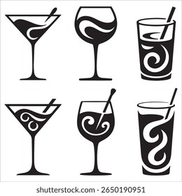 Elegant Barware Silhouettes Artistic Representations of Cocktails and Wine in Striking Black and White Designs