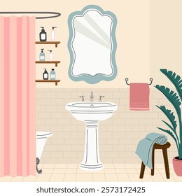 Elegant bathroom interior with pink shower curtain, white sink, towels, mirror and potted plant. Colorful flat vector illustration