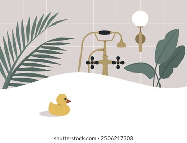 An elegant bathroom scene with foam and a rubber duck in a serene space adorned with plants and vintage fixtures