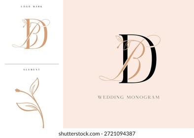 Elegante logotipo de monograma de boda BD con acentos botánicos