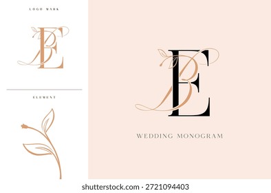 Logotipo elegante del monograma de la boda del BE con los acentos botánicos