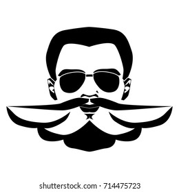 Elegant bearded man face in sunglasses. Vector hipster character. Fashion silhouette, avatar, emblem, logo with moustached man for barbershop design. Vector illustration.