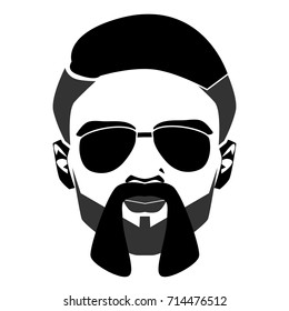 Elegant bearded man face in sunglasses. Vector hipster character. Fashion silhouette, avatar, emblem, logo with moustached man for barbershop design. Vector illustration.