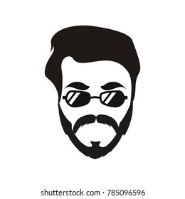 Elegant bearded man face in sunglasses. hipster character. Fashion silhouette, avatar, emblem, logo with moustached man for barbershop design.  eps 10 eps 8