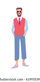 Elegant bearded man in pants and waistcoat vector illustration isolated on white background. Handsome hipster man, casual style model in flat design.