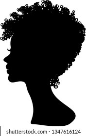 Elegant Beautiful African American Woman Silhouette Profile in Black, Curly Hairstyle