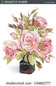 Elegant Beautiful Bouquet of blossoming pink roses in vase, isolated on white background, eps8