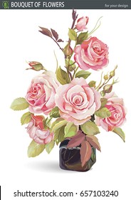 Elegant Beautiful Bouquet of blossoming pink roses in vase, isolated on white background