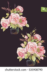 Elegant Beautiful Bouquet Roses isolated on black background in a glass vase, eps8