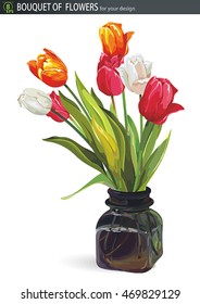 Elegant Beautiful bouquet of tulips flowers, isolated on white background. No transparency and shadows, eps8