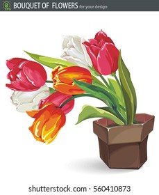 Elegant Beautiful bouquet of tulips flowers in a brown flowerpot, isolated on white background, eps8