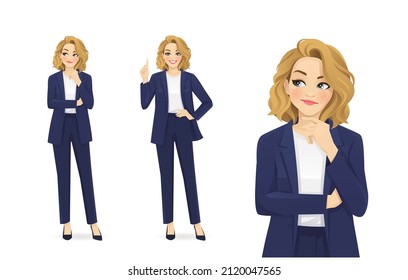 Elegant beautiful busines thinking looking away and making idea pointing up isolated on white background vector illustration