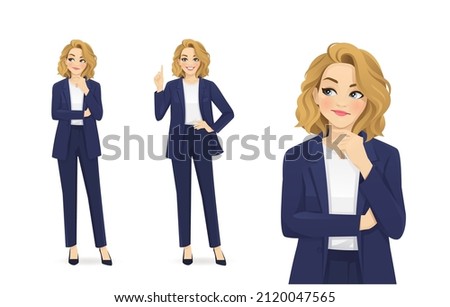 Elegant beautiful busines thinking looking away and making idea pointing up isolated on white background vector illustration