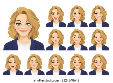 Elegant beautiful business avatar with different facial expressions in suit set isolated vector illustration