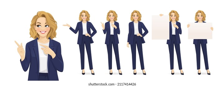 Elegant beautiful business woman in different poses set. Various gestures pointing, showing, standing, holding empty blank board isolated vector illustration