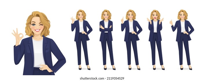 Elegante y hermosa mujer de negocios con diferentes poses. Varios gestos sorprendidos, apuntando, parados con las manos cruzadas, mostrando el pulgar hacia arriba y el signo correcto ilustraciones vectoriales aisladas