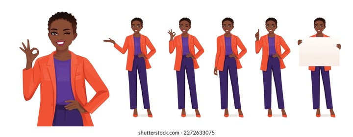 Elegant beautiful business woman in different poses set. Various gestures pointing, showing, standing, holding empty blank board and showing ok sign isolated vector illustration