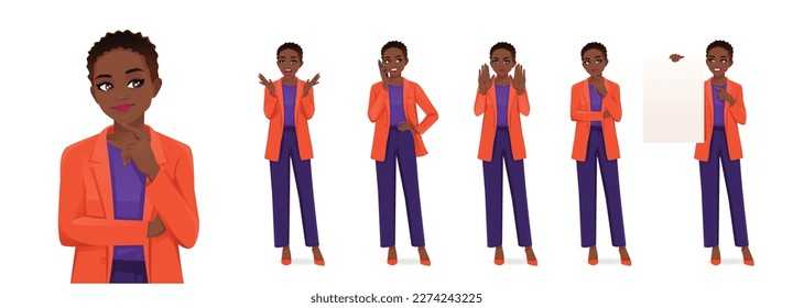 Elegant beautiful business woman in different poses set. Various gestures surprised, showing, thinking, holding empty blank board, talking on the phone isolated vector illustration